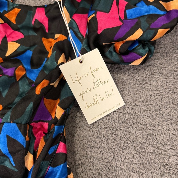 Show Me Your Mumu Dress Womens Medium Black Multi Puff Sleeve Mini Wrap Made USA - Picture 3 of 10